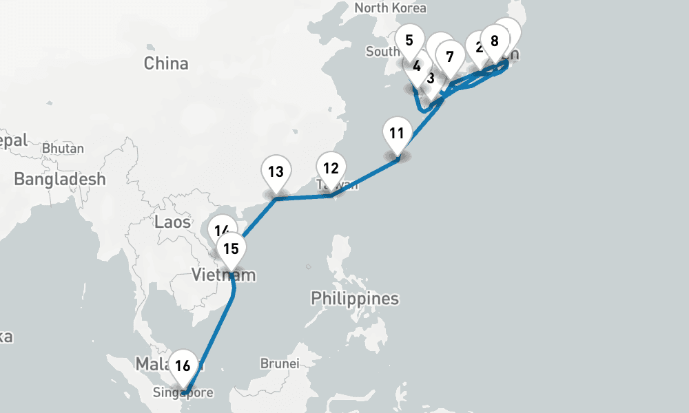 24 days, one-way from Tokyo to Singapore 25日間