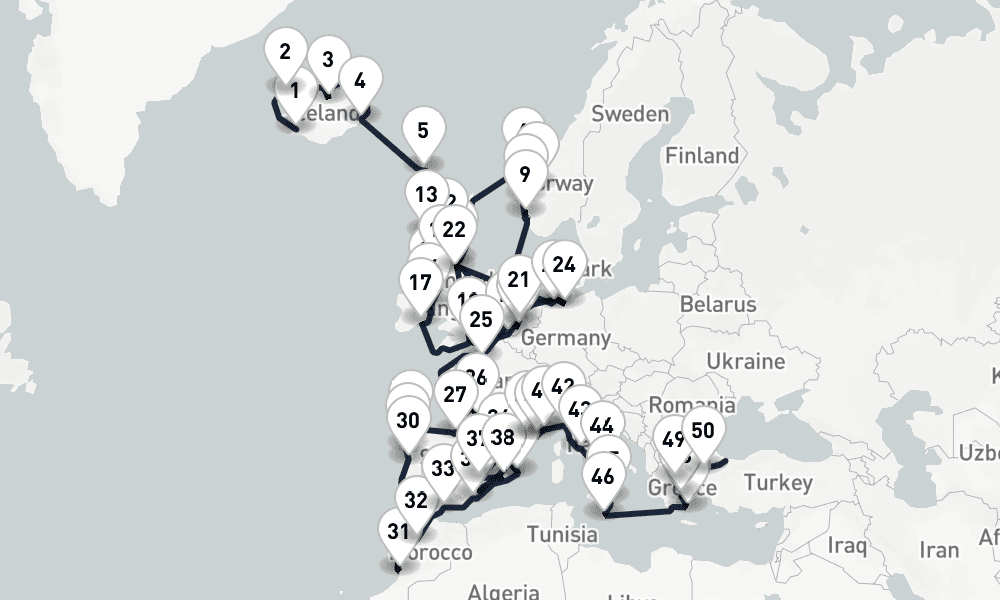 70 days, one-way from Reykjavik to Istanbul 71日間