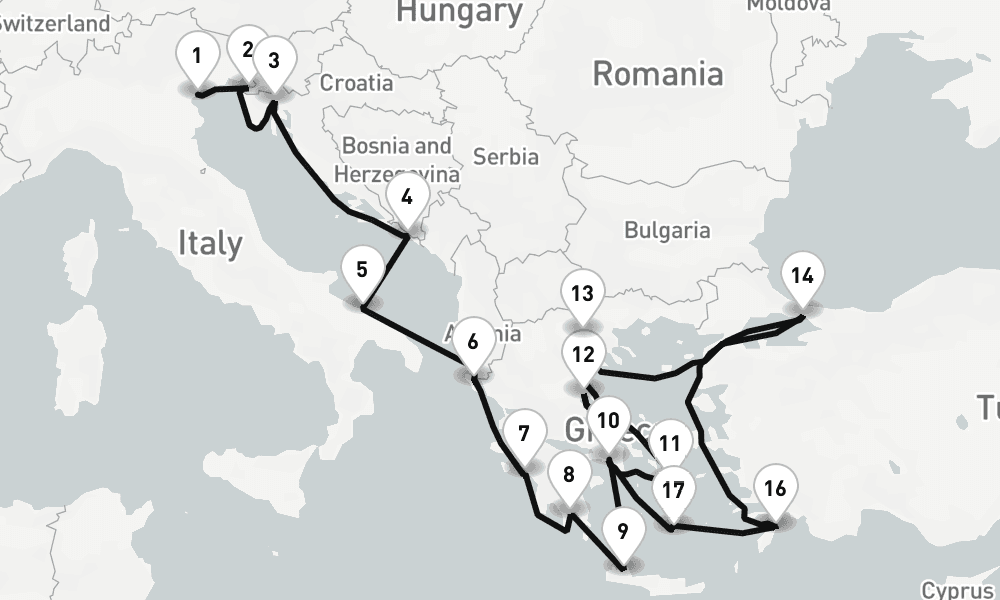 20 days, one-way from Venice to Piraeus-Athens 21日間