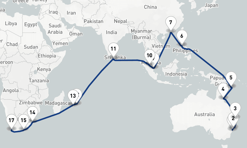 46 days, one-way from Sydney to Cape Town 47日間