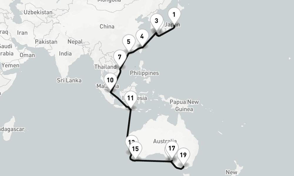 33 days, one-way from Tokyo to Melbourne 34日間