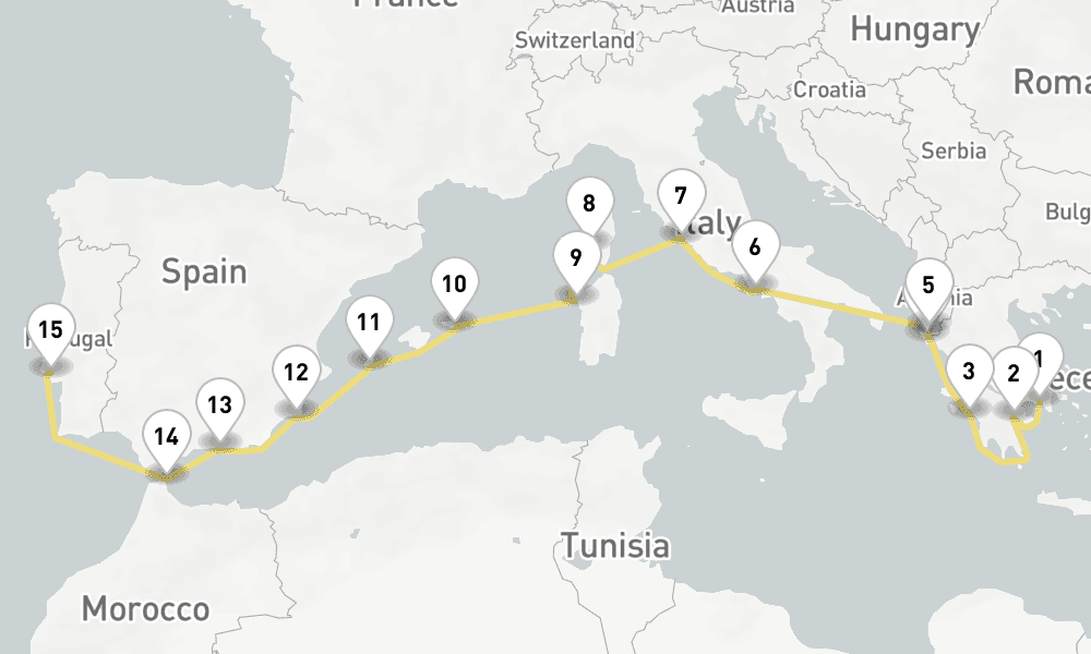 16 days, one-way from Piraeus-Athens to Lisbon 17日間