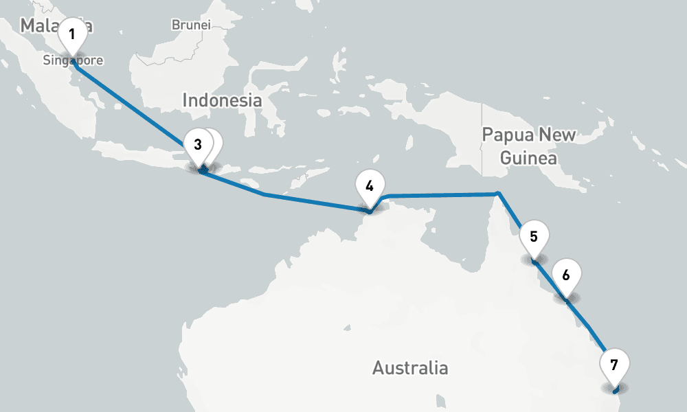 15 days, one-way from Singapore to Brisbane 16日間