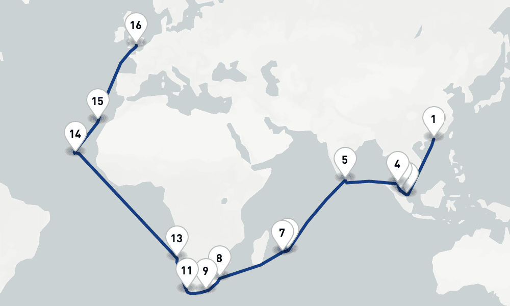 43 nights / 44 days, one-way from Hong Kong to Southampton (England)