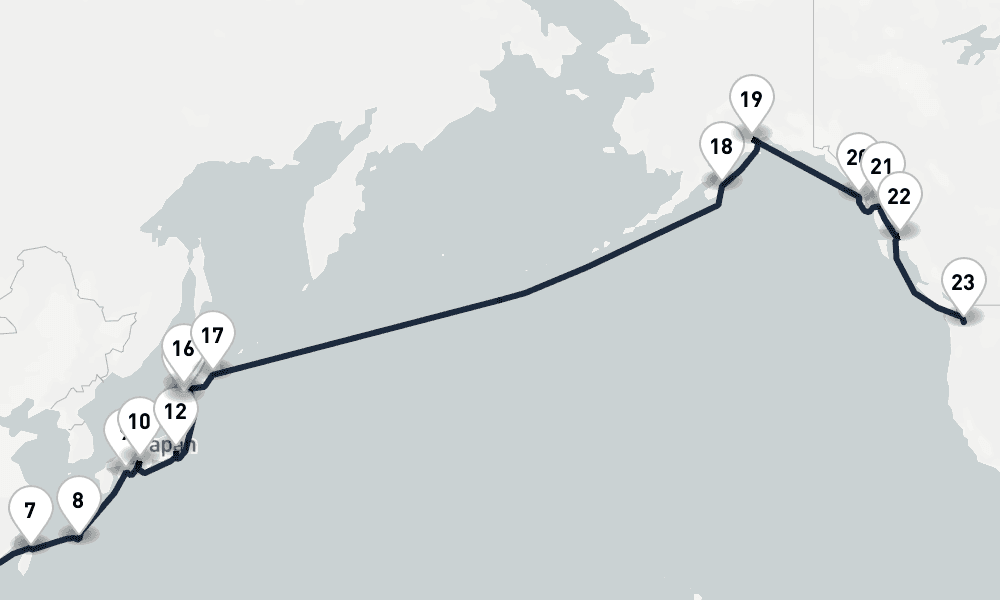 35 days, one-way from Singapore to Seattle 36日間