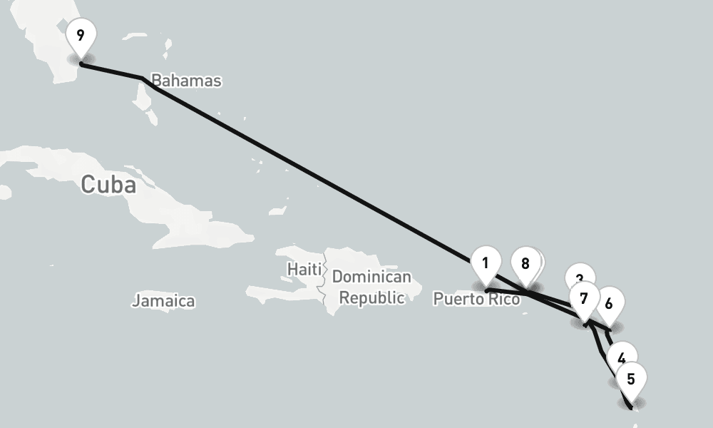 10 days, one-way from San Juan to Miami 11日間