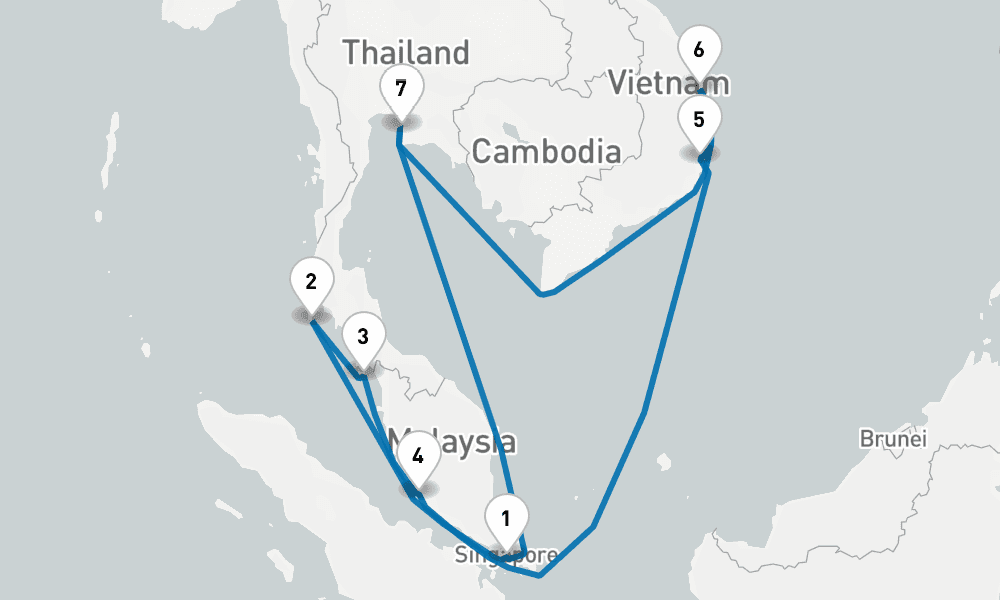 14 days, round-trip Southeast Asia with Malaysia, Thailand Vietnam 15日間