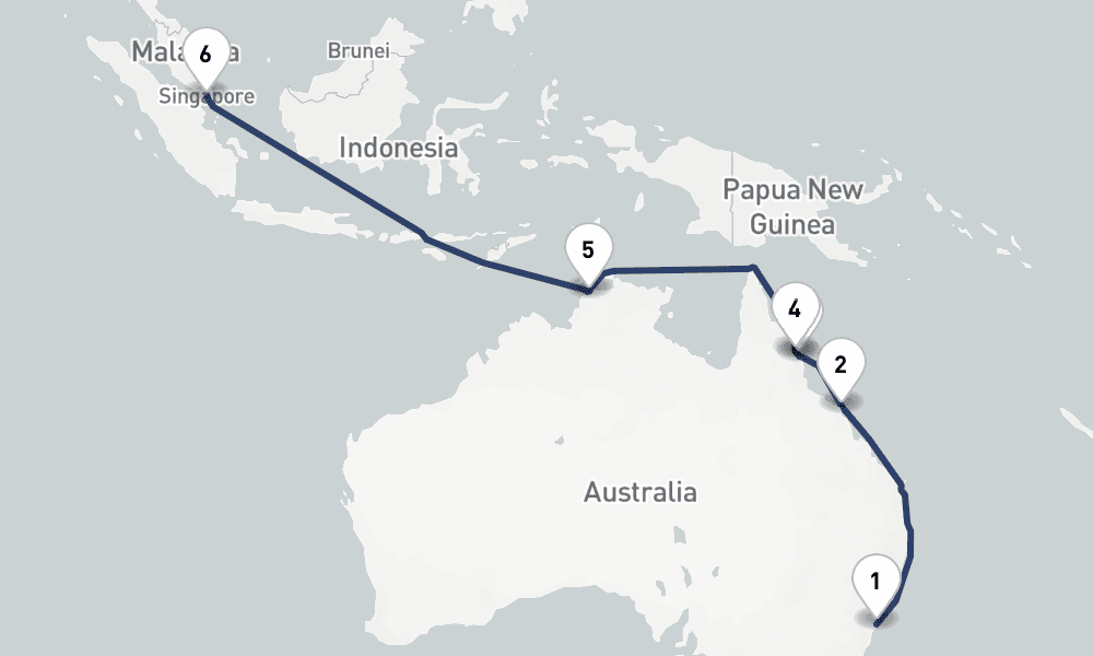13 days, one-way from Sydney to Singapore 14日間