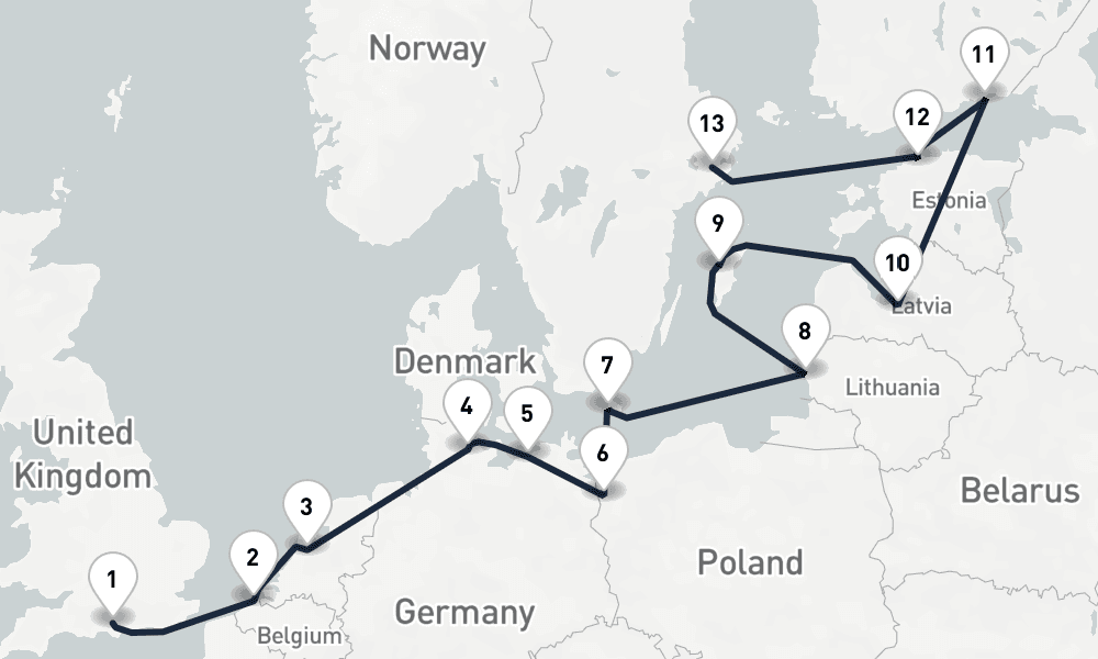 14 days, one-way from Southampton to Stockholm 15日間