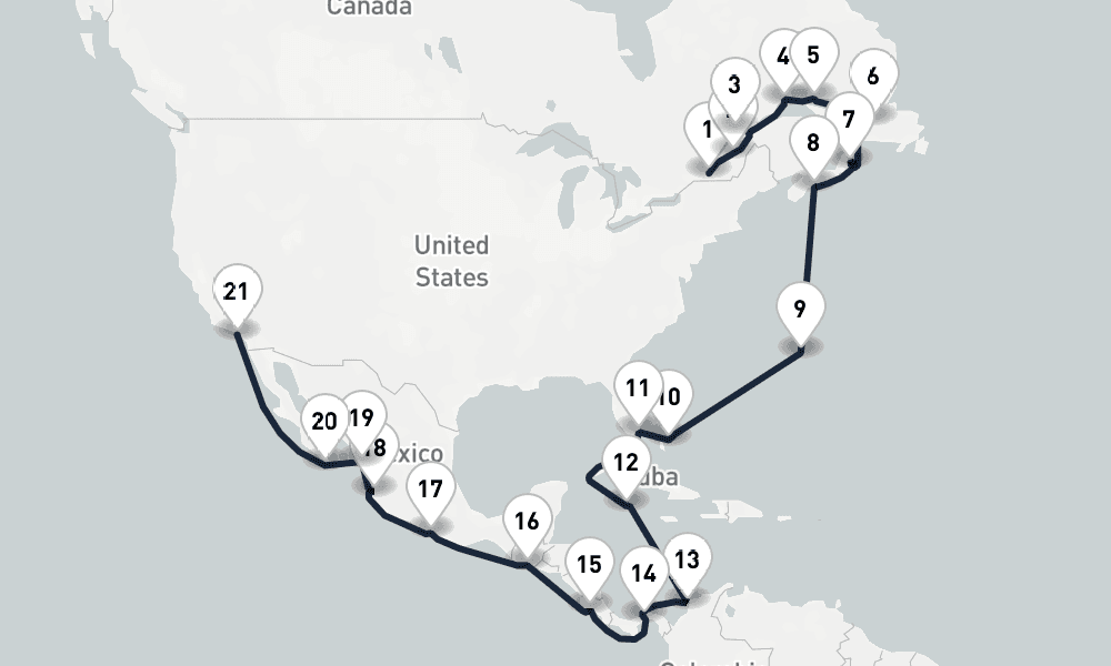 32 days, one-way from Montreal to Los Angeles 33日間
