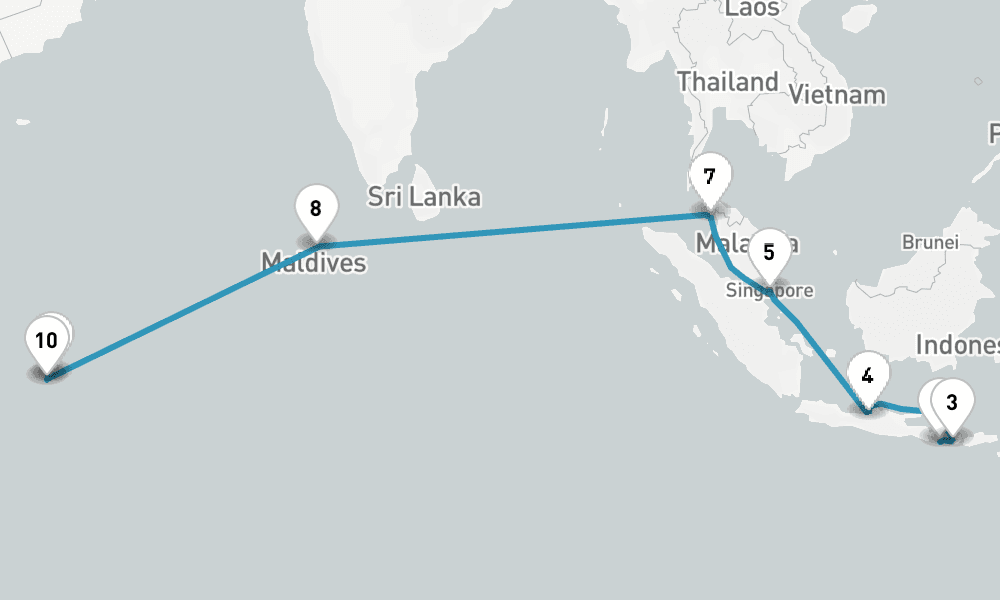 22 days, one-way from Benoa to Mahe Island Seychelles 23日間