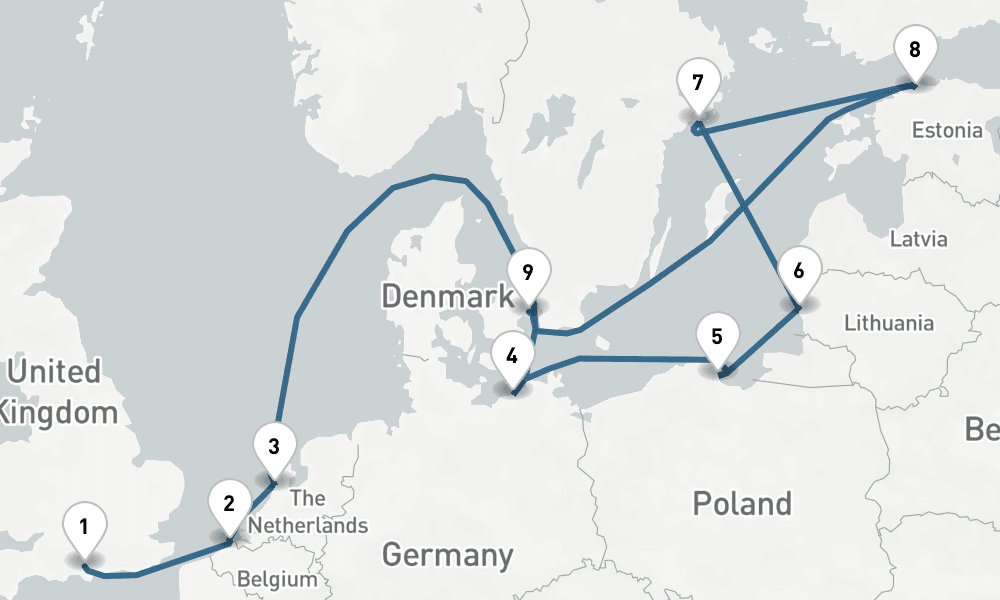 11 days, one-way from Southampton to Copenhagen 12日間