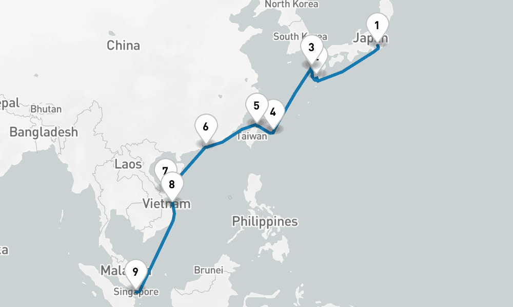14 days, one-way from Yokohama to Singapore 15日間