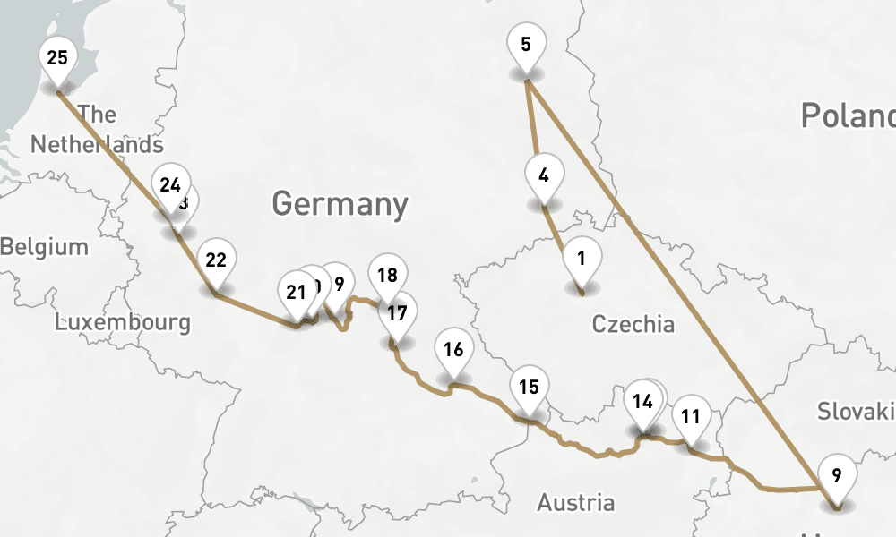 23 days, one-way from Prague to Amsterdam 24日間