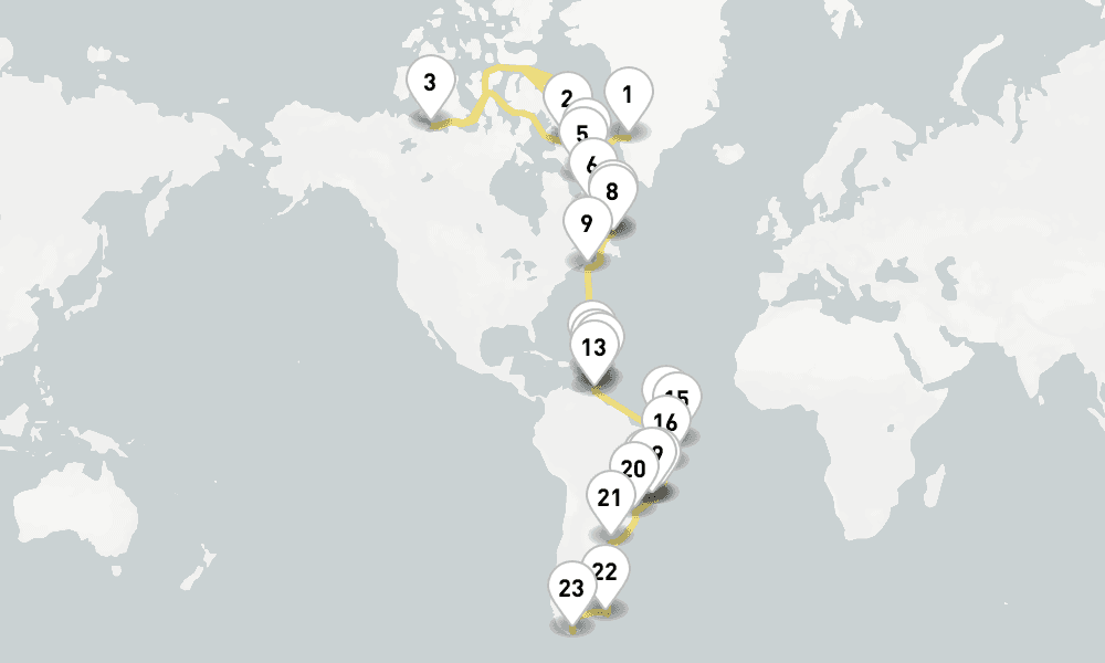 59 days, one-way from Kangerlussuaq to Ushuaia 60日間