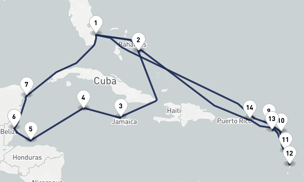 21 days, round-trip Western Eastern Caribbean Mexico Leeward Islands 22日間