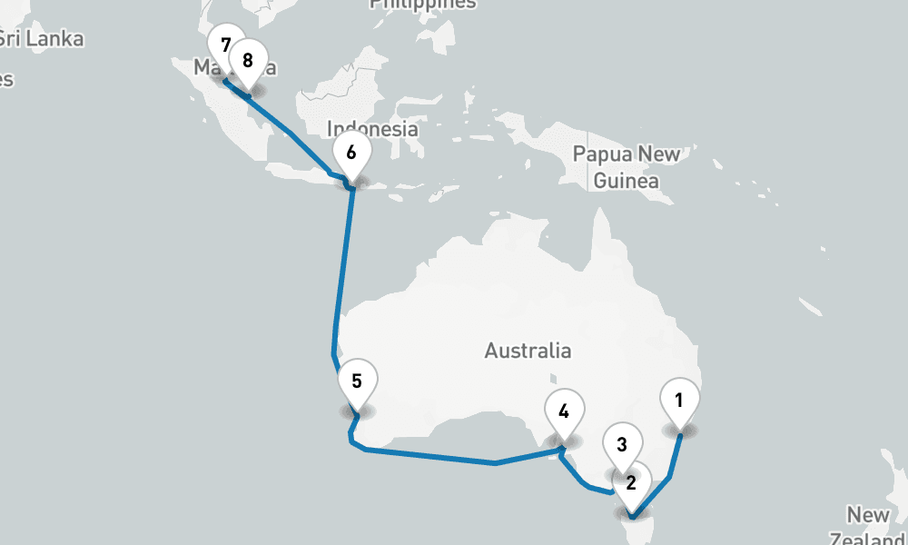 20 days, one-way from Sydney to Singapore 21日間