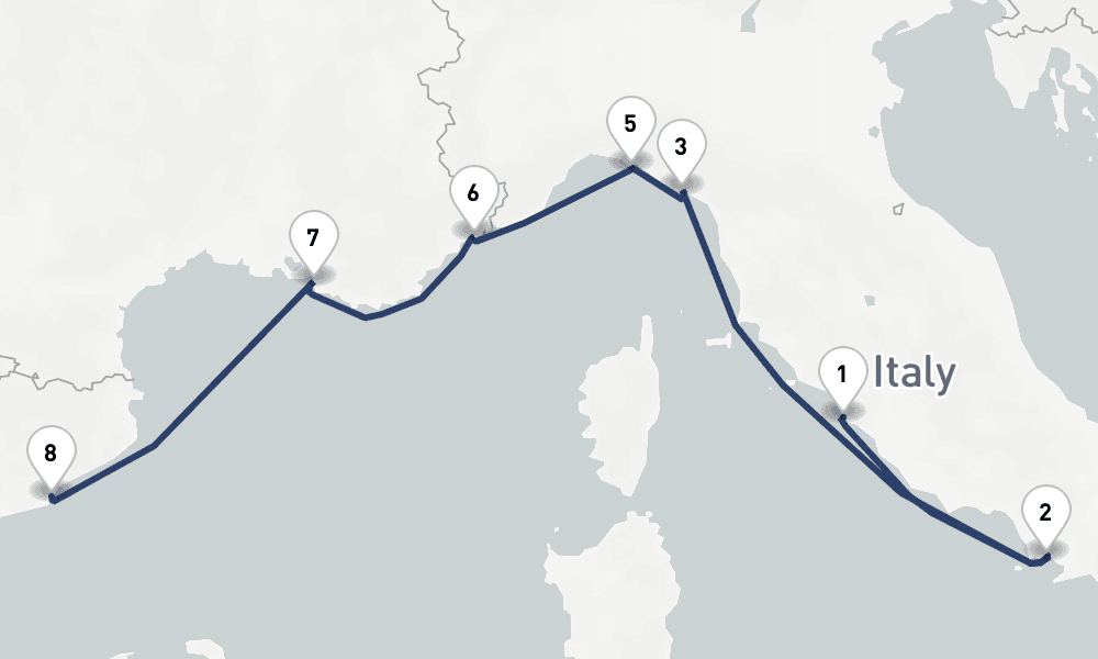 9 days, one-way from Civitavecchia-Rome to Barcelona 10日間
