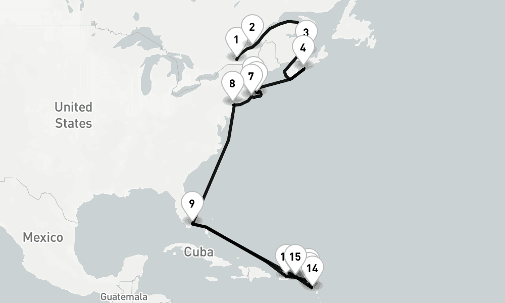 25 days, one-way from Montreal to Miami 26日間