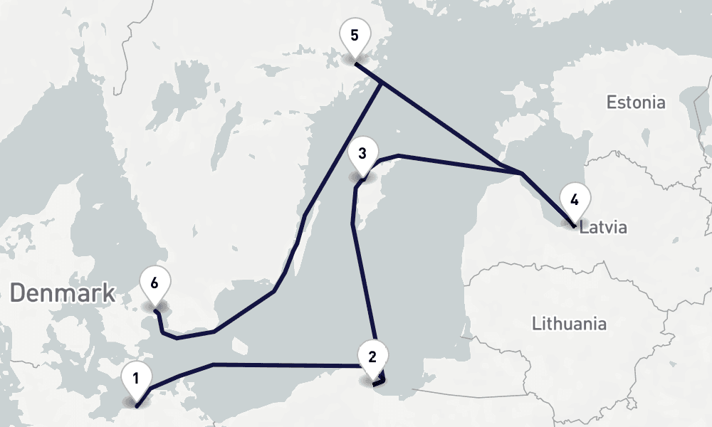 6 days, one-way from Warnemunde-Rostock to Copenhagen 7日間