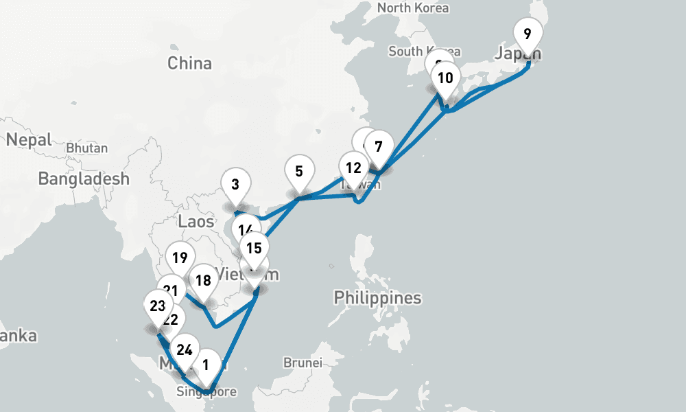 42 days, round-trip Japan Southeast Asia Grand Adventure 43日間