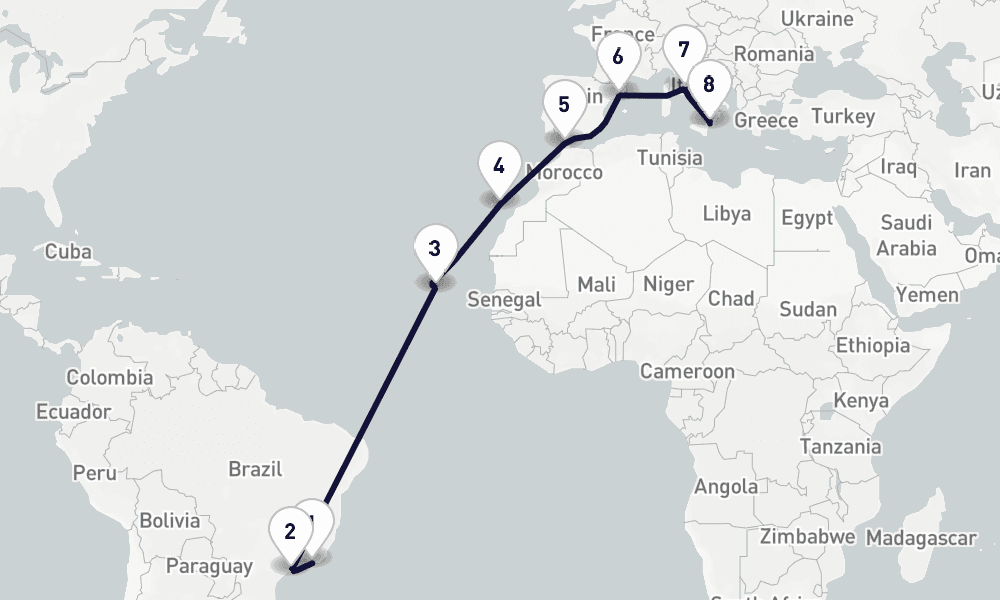 18 days, one-way from Rio de Janeiro to Messina 19日間