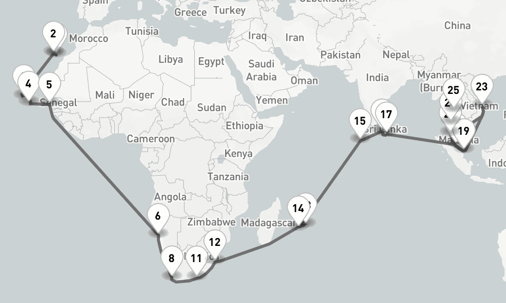 59 days, one-way from Las Palmas de Gran Canaria to Singapore 60日間