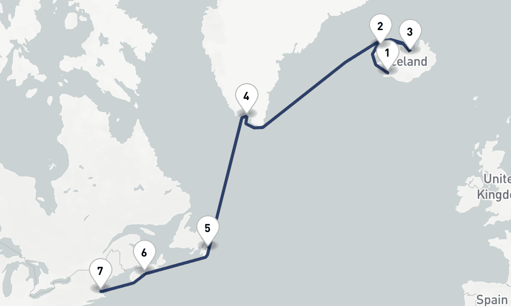 12 days, one-way from Reykjavik to Boston 13日間