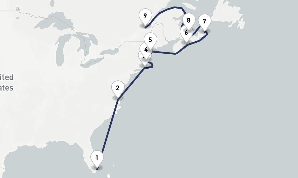 14 days, one-way from Miami to Quebec City 15日間