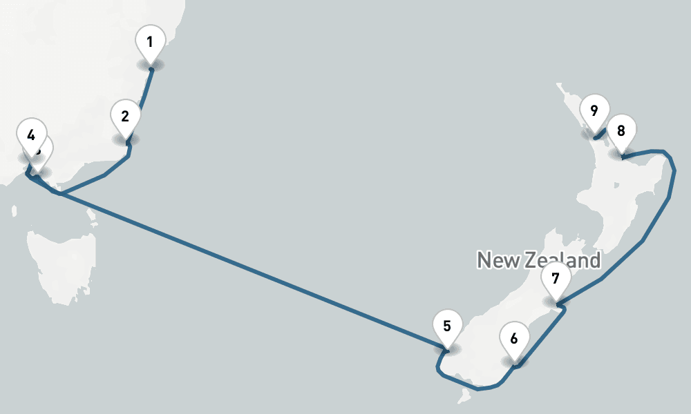 11 days, one-way from Sydney to Auckland 12日間