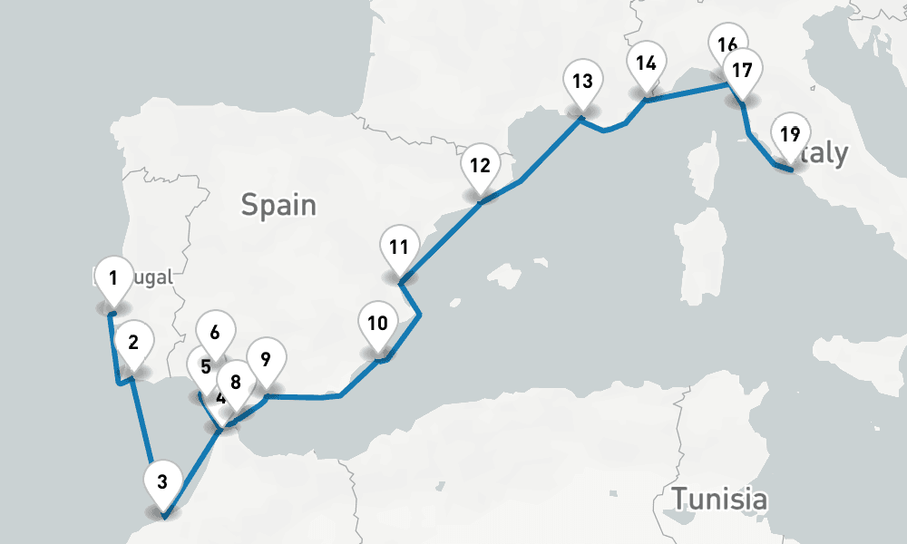 18 days, one-way from Lisbon to Civitavecchia-Rome 19日間