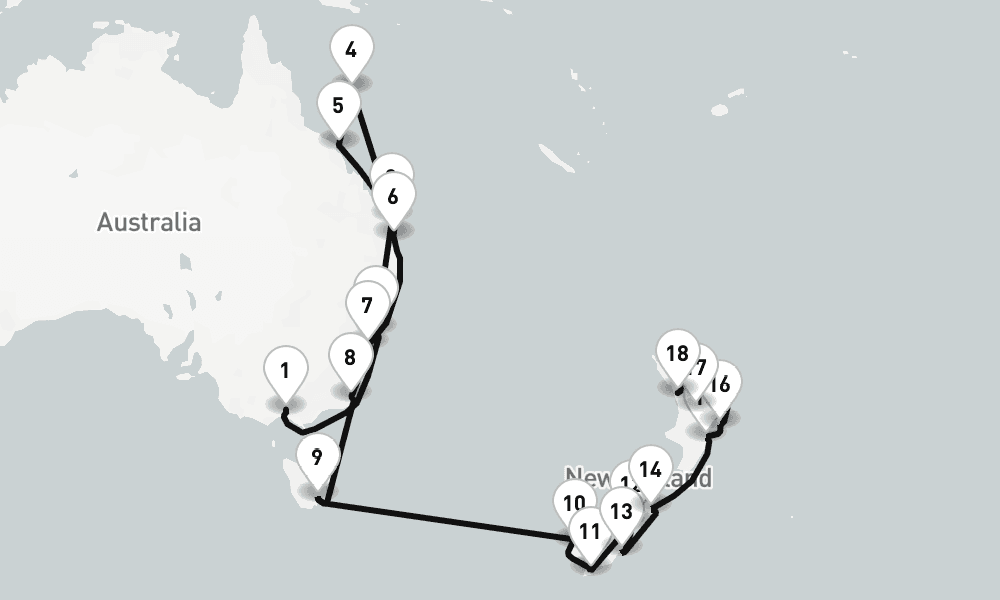 26 days, one-way from Melbourne to Auckland 27日間