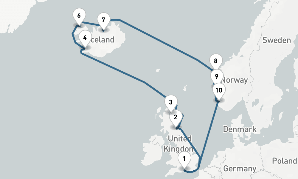 14 days, round-trip Iceland Round-Trip London Reykjavik, Edinburgh Bergen 15日間