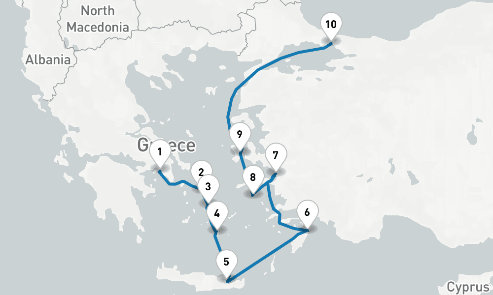 10 days, one-way from Piraeus-Athens to Istanbul 11日間