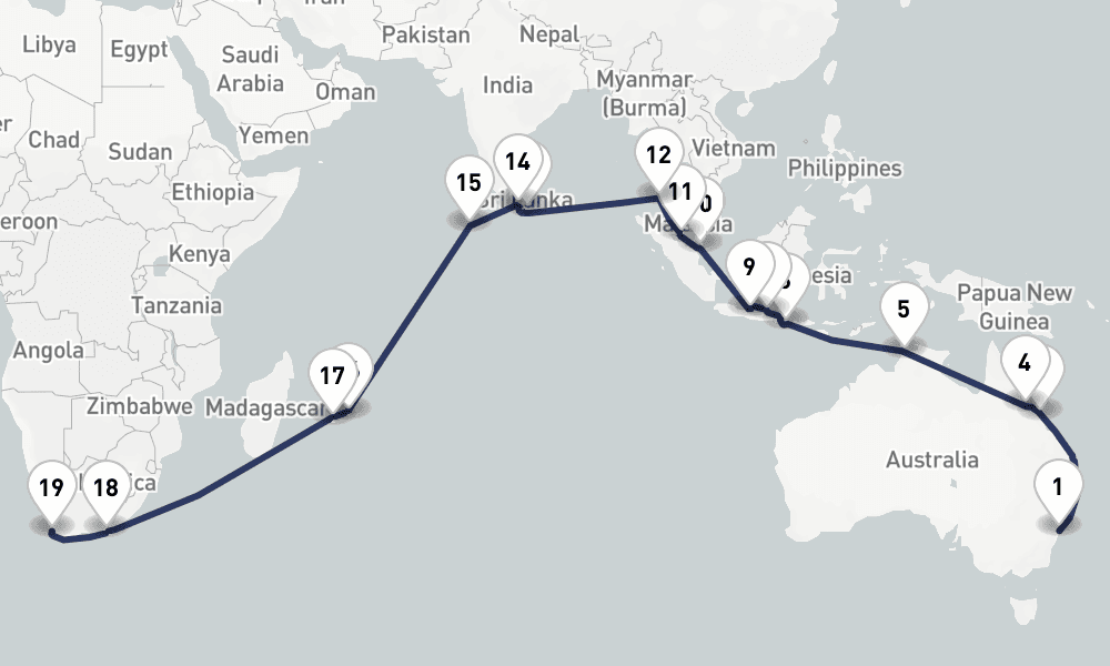 40 days, one-way from Sydney to Cape Town 41日間