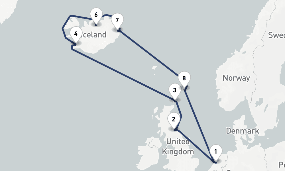 12 days, round-trip Iceland Scotland 13日間