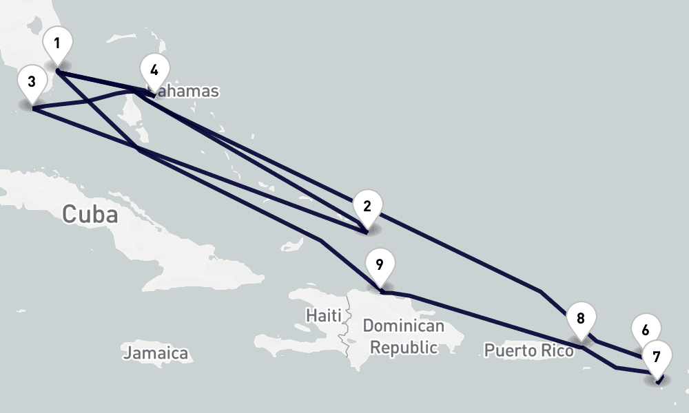 14 days, round-trip Caribbean Bahamas 15日間