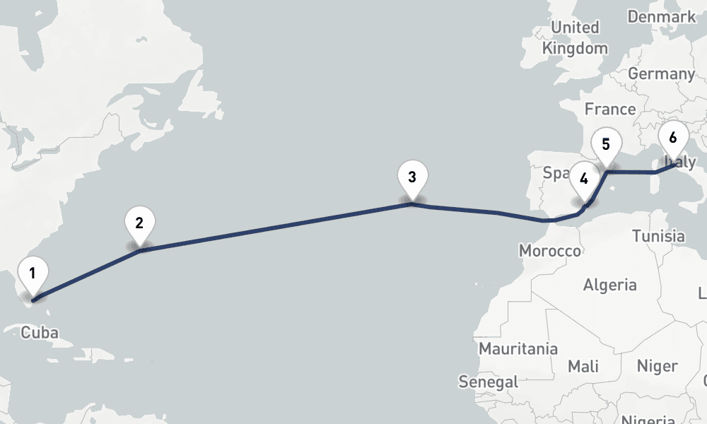 14 days, one-way from Fort Lauderdale to Civitavecchia-Rome 15日間