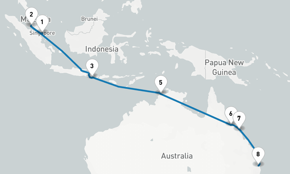 16 days, one-way from Singapore to Brisbane 17日間