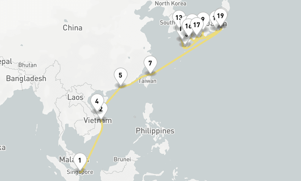 29 days, one-way from Singapore to Yokohama 30日間
