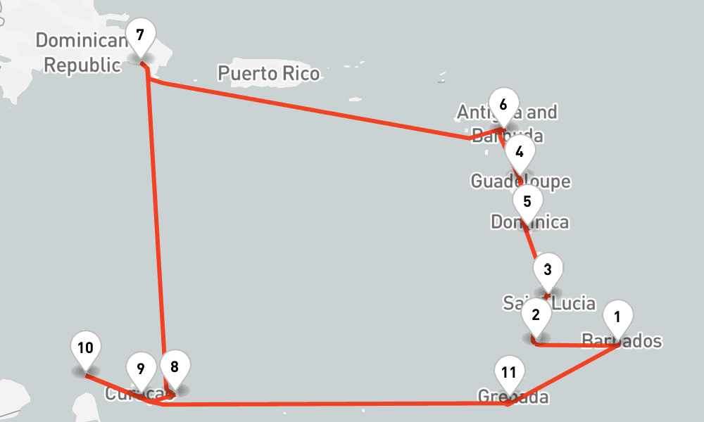 14 nights / 15 days, Bridgetown (Barbados) Round trip