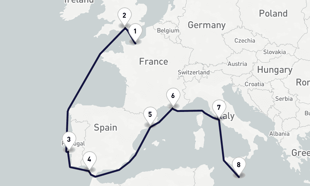 11 days, one-way from Le Havre-Paris to Valletta 12日間