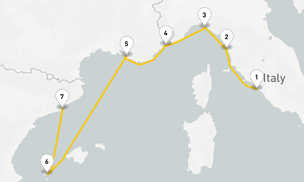 7 days, one-way from Civitavecchia-Rome to Barcelona 8日間