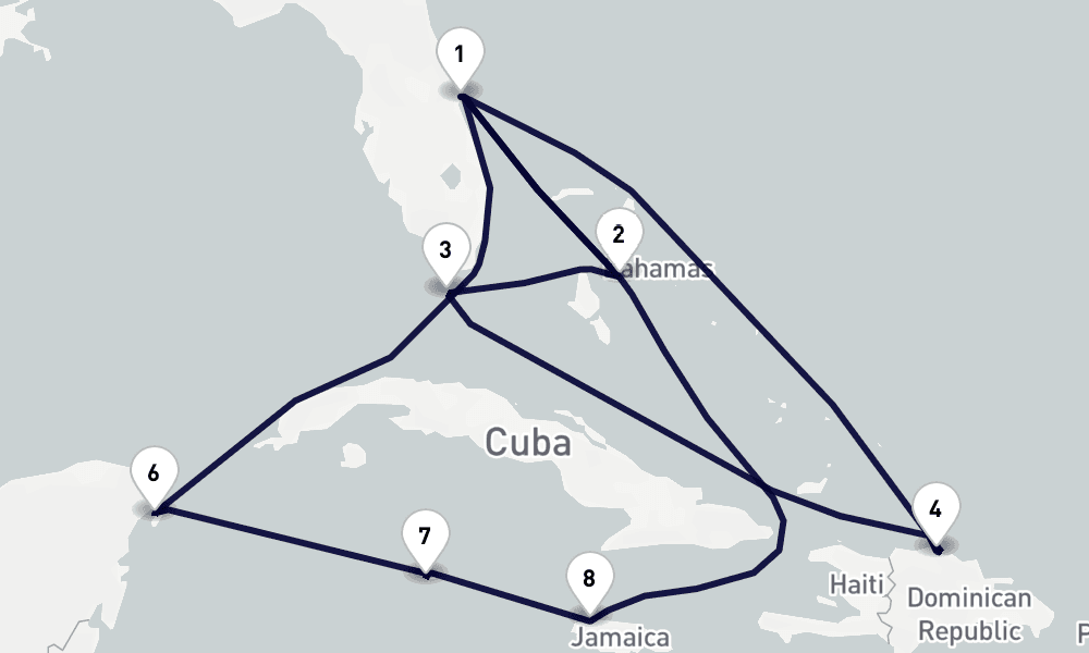 14 days, round-trip Caribbean Bahamas 15日間