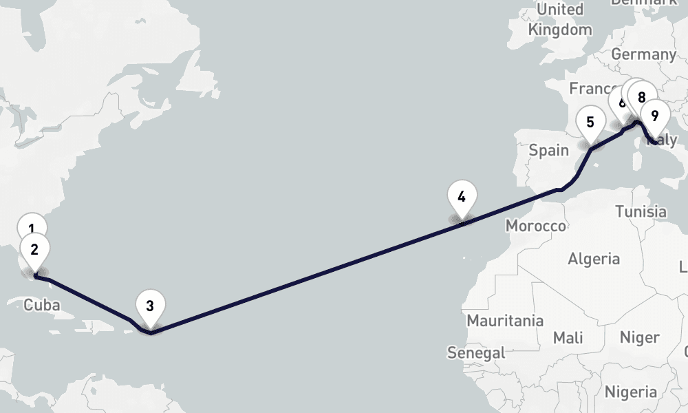 18 days, one-way from Port Canaveral to Civitavecchia-Rome 19日間