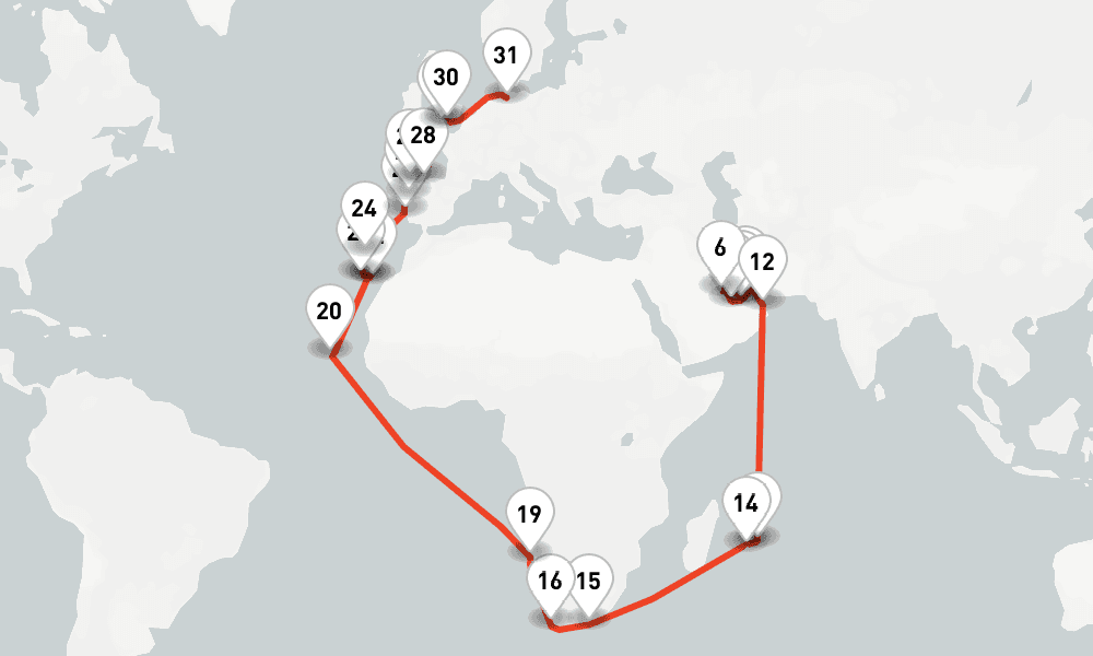 54 days, one-way from Dubai to Hamburg 55日間