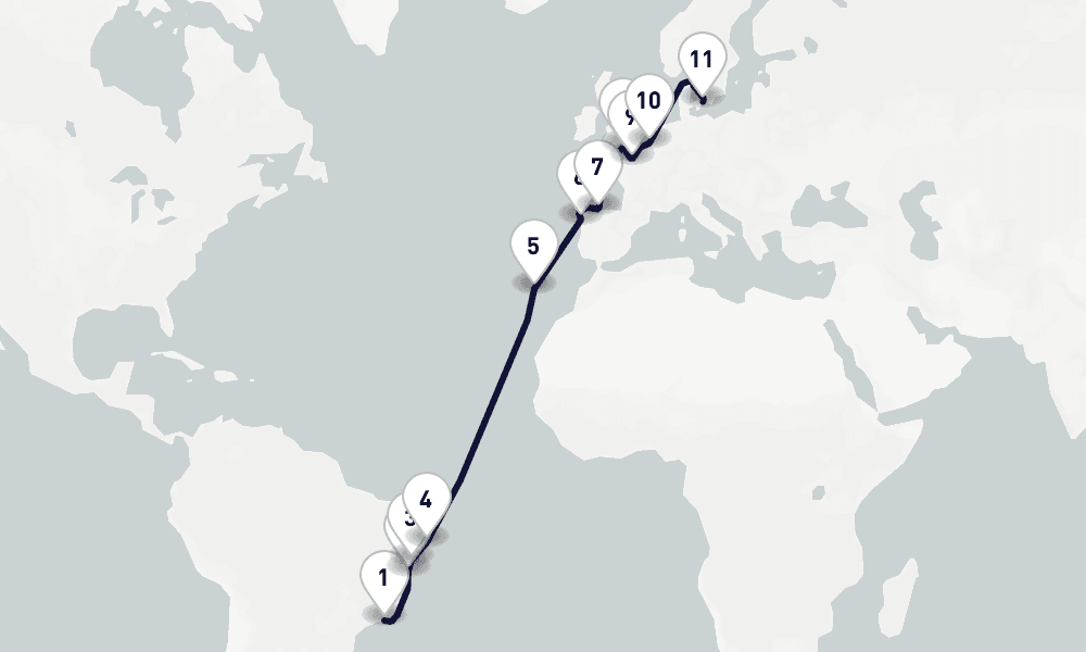 20 days, one-way from Rio de Janeiro to Copenhagen 21日間