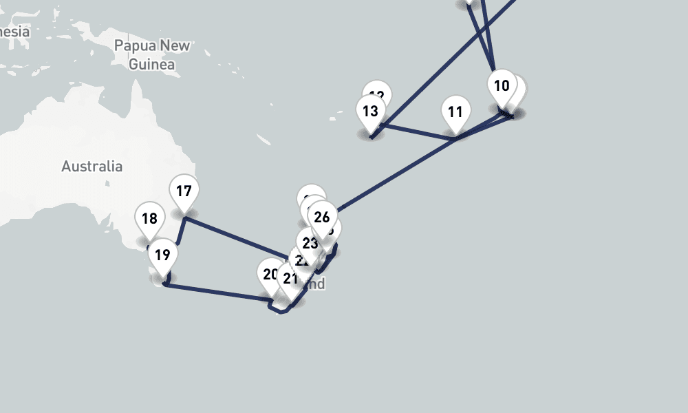 49 days, one-way from Seattle to Auckland 50日間