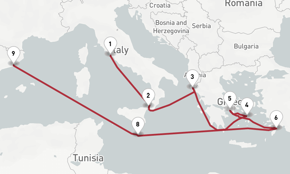 12 days, one-way from Civitavecchia-Rome to Barcelona 13日間