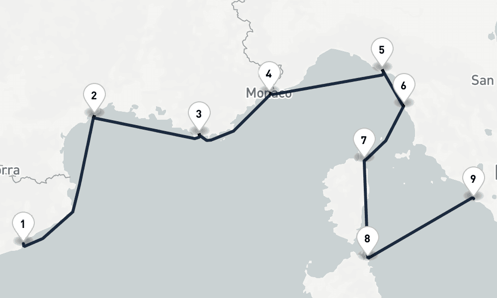 9 days, one-way from Barcelona to Civitavecchia-Rome 10日間